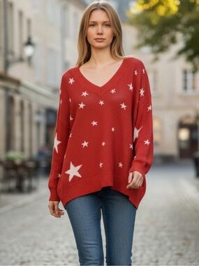 Umgee Rust Star Patterned V Neck Sweater